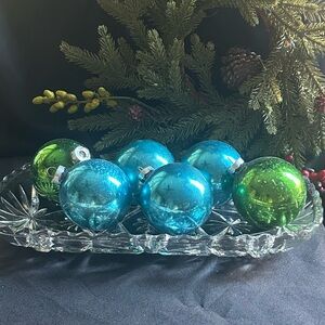 Vintage Holly Glass Ornaments Box set of Blue and Green retro ornaments large